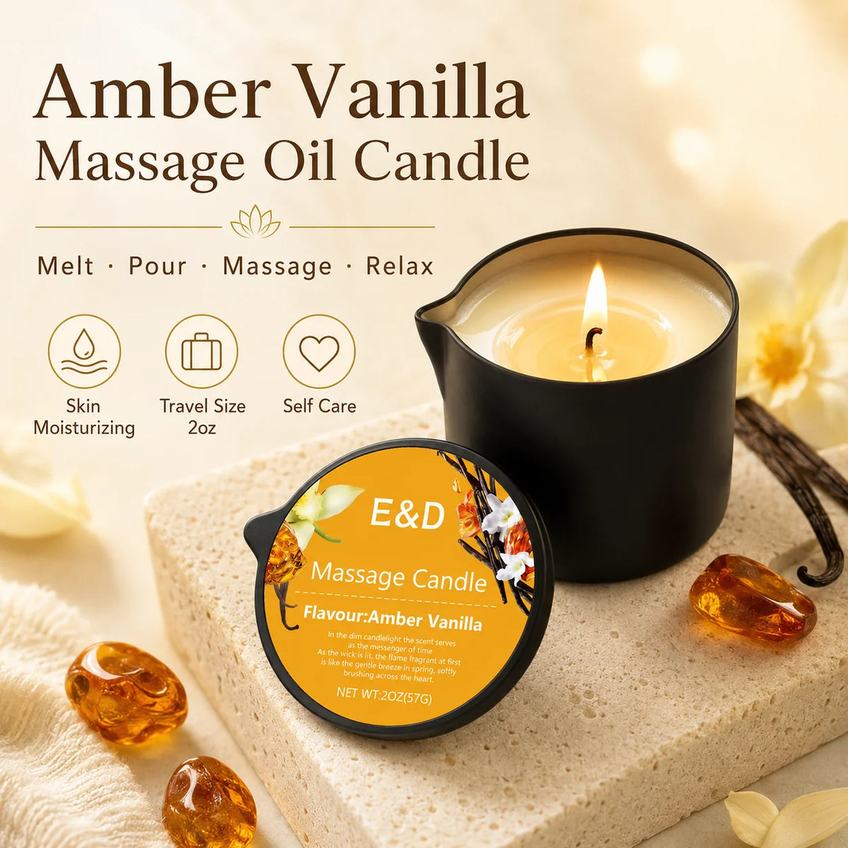 Amber Vanilla massage oil candle in a black jar with natural ingredients and yellow flowers