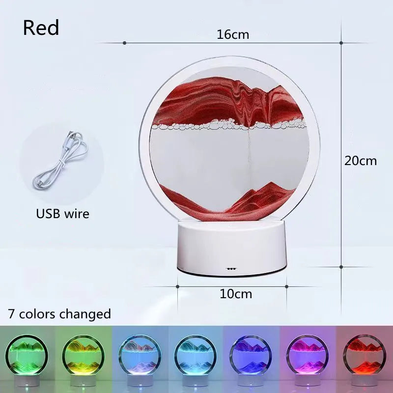 A red 3D Quicksand LED table lamp with a color-changing light display and USB wire.