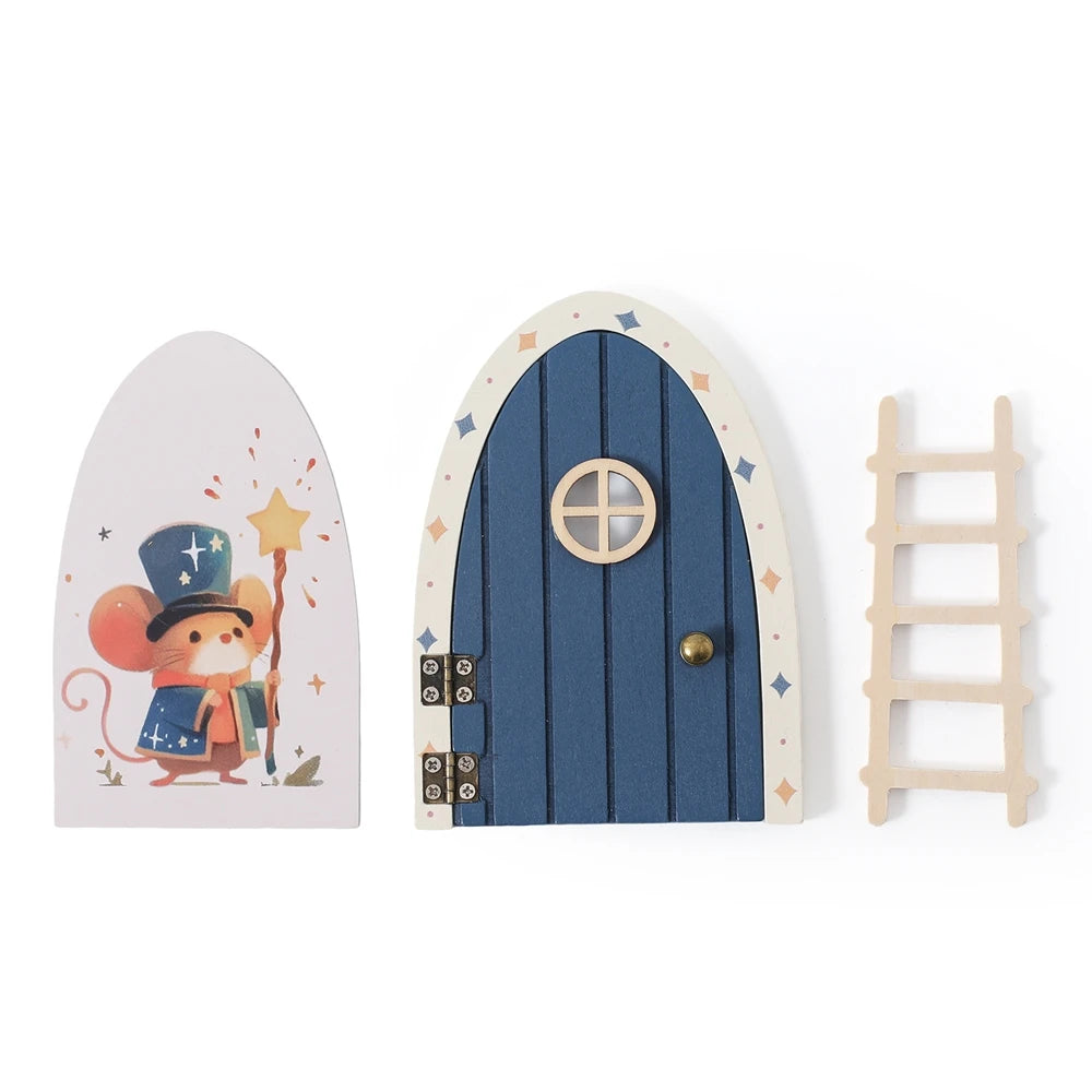 A wooden fairy elf door miniature decoration featuring a blue door with a circular window and a brass doorknob.