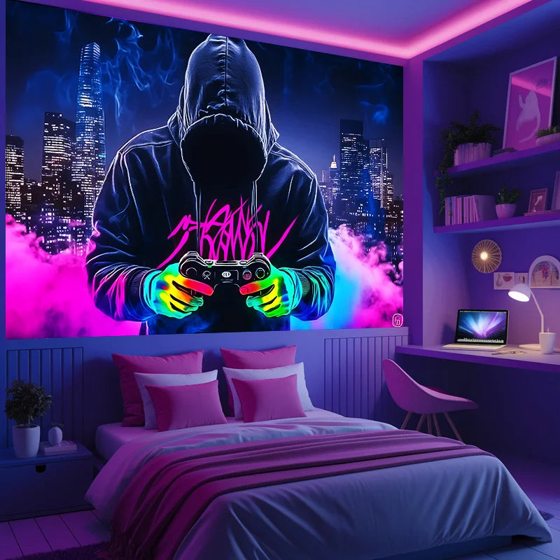 A person wearing a hoodie is featured prominently on a wall with neon purple and pink lighting, set against a cityscape backg