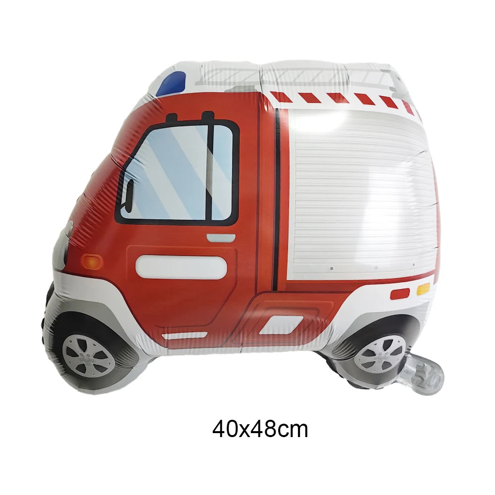 A red construction truck foil balloon decorated with white stripes and a clear window.