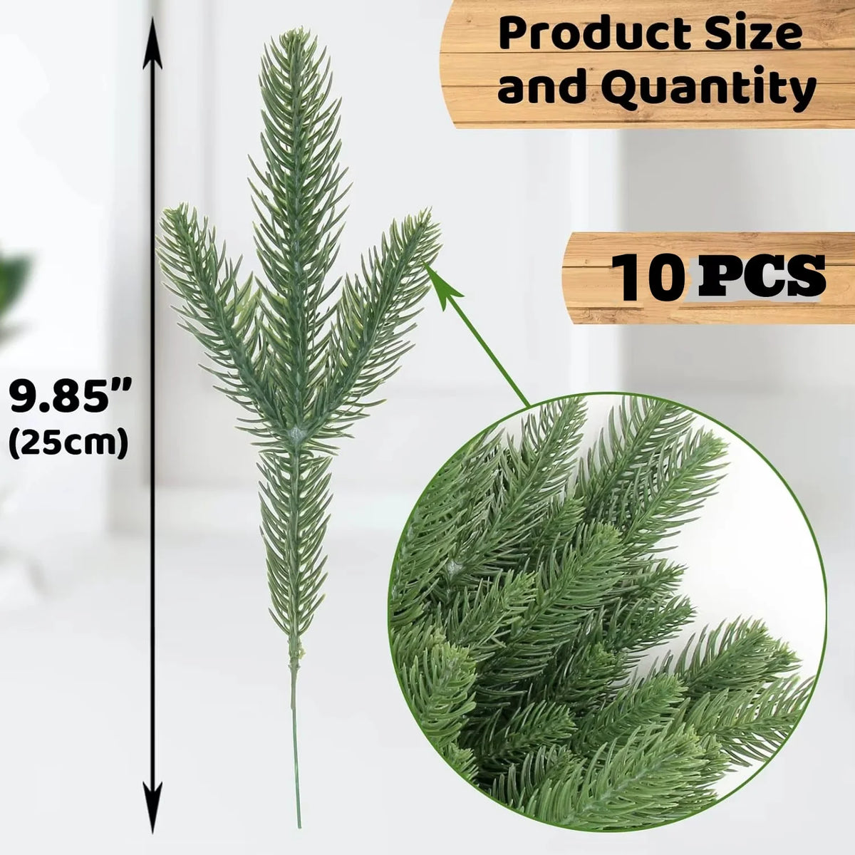 A sprig of artificial Norfolk pine used for a Christmas garland, shown next to a size indicator and quantity label.