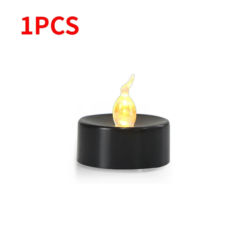 A single black LED candle with a warm white glow is shown on a stand.