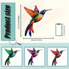 A set of four colorful metal hummingbird wall decor pieces shown in various angles and sizes.