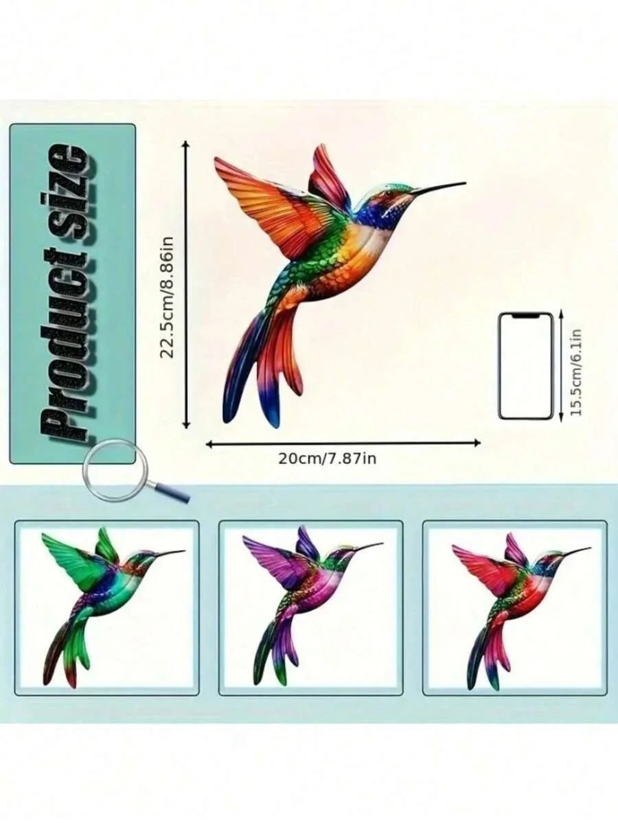 A set of four colorful metal hummingbird wall decor pieces shown in various angles and sizes.