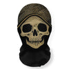A black mesh hood featuring a gold skeleton face design.