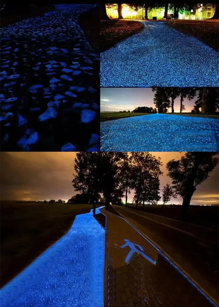A series of images showing glow-in-the-dark luminous pebbles used for garden and path decoration at night.