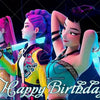 Three stylized female characters in fantasy attire celebrating a happy birthday with glowing blue magic effects.