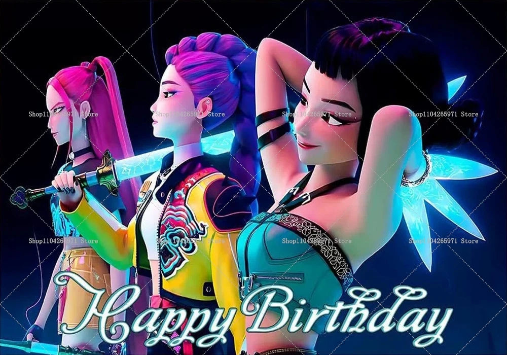 Three stylized female characters in fantasy attire celebrating a happy birthday with glowing blue magic effects.