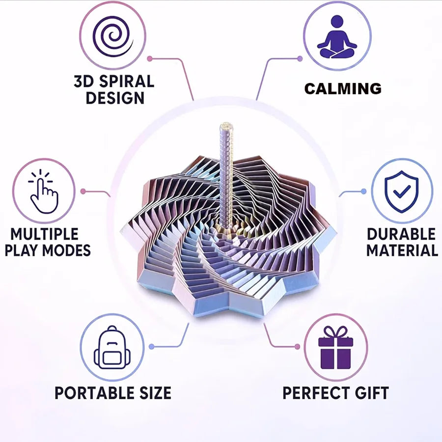 A 3D-printed star fidget spinner with a handle shown surrounded by features like calming, durable material, and portability.