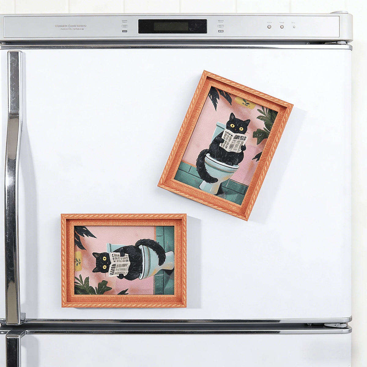 A fridge magnet featuring a black cat in a toilet, displayed within a wooden photo frame.