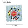 A stack of 16 floral patterned blue napkins, measuring 25x25cm.