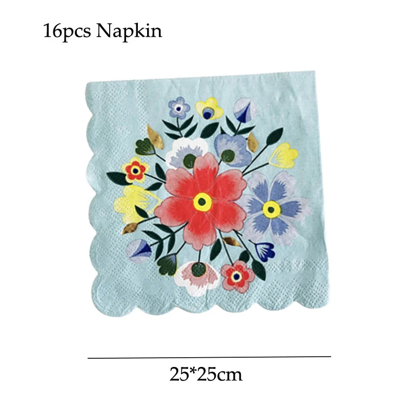A stack of 16 floral patterned blue napkins, measuring 25x25cm.