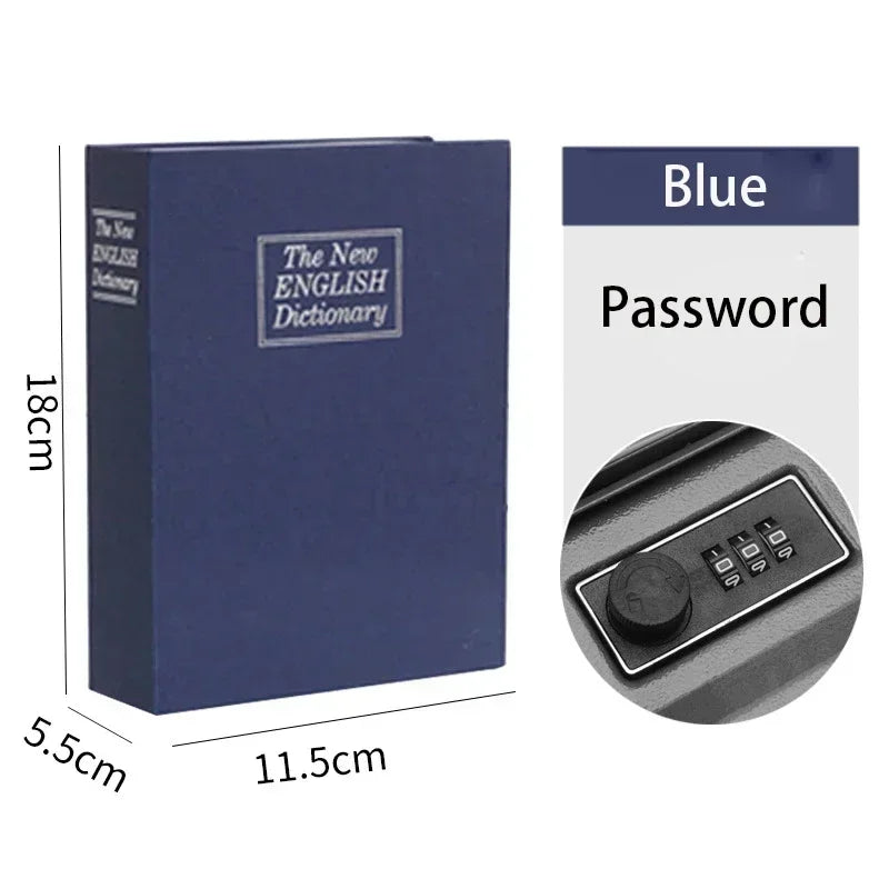 A blue book-shaped hidden safe with a combination lock and a blue password display.