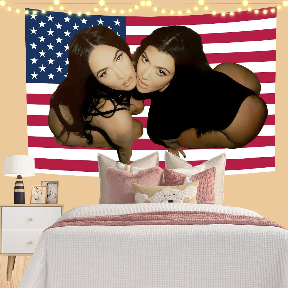 Megan Fox wall art tapestry featuring a close-up portrait against an American flag background
