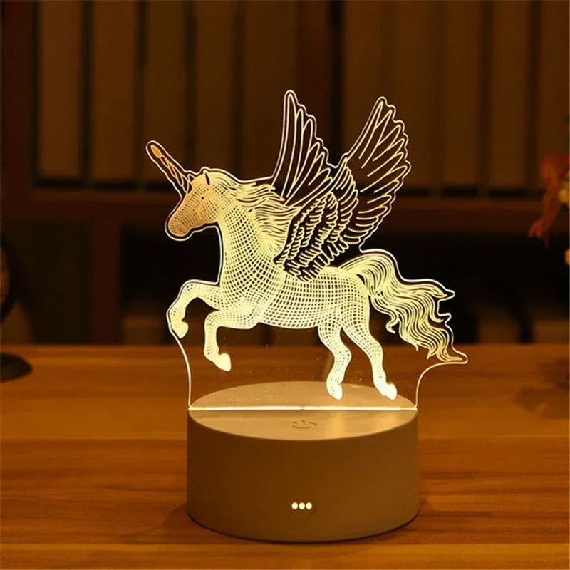 A glowing acrylic silhouette of a winged horse in mid-gallop displayed on a dark base.