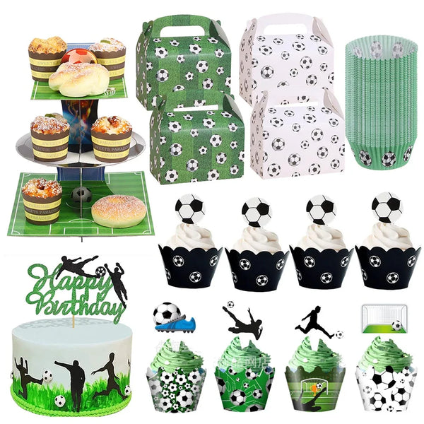 A collection of football theme cupcake toppers, party supplies, and decorations including boxes, cake toppers, and themed foo