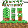 A set of birthday party supplies including wooden decorations, cups, and gift bags for a miner-themed celebration.