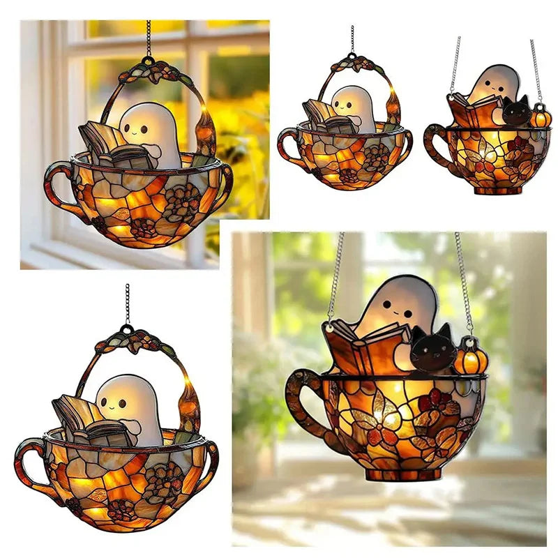 Decorative hanging lantern featuring a ghost reading a book, suitable for window display.