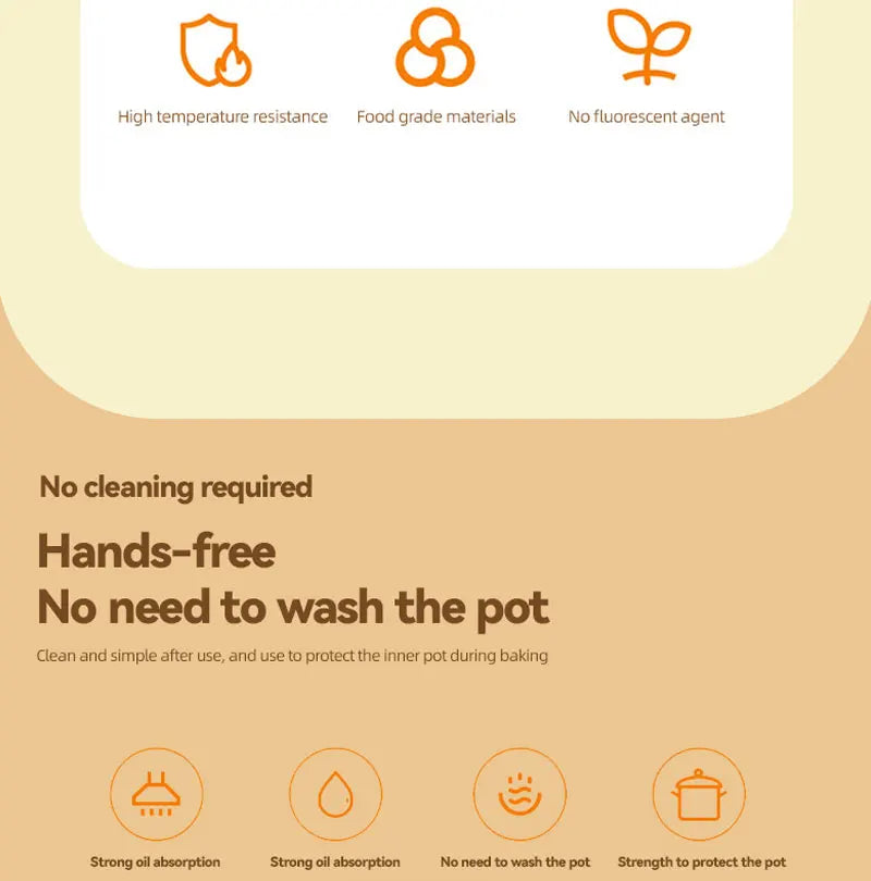 A product feature list highlighting non-stick baking sheets with high temperature resistance, food grade materials, and no fl