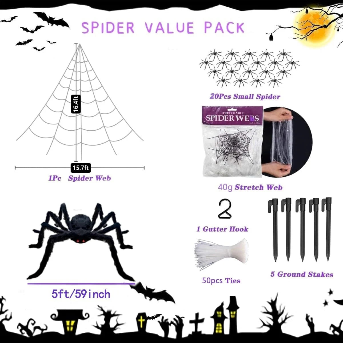 Spider value pack featuring a large spider, a small spider web, gutter hooks, and ties for Halloween decorations.