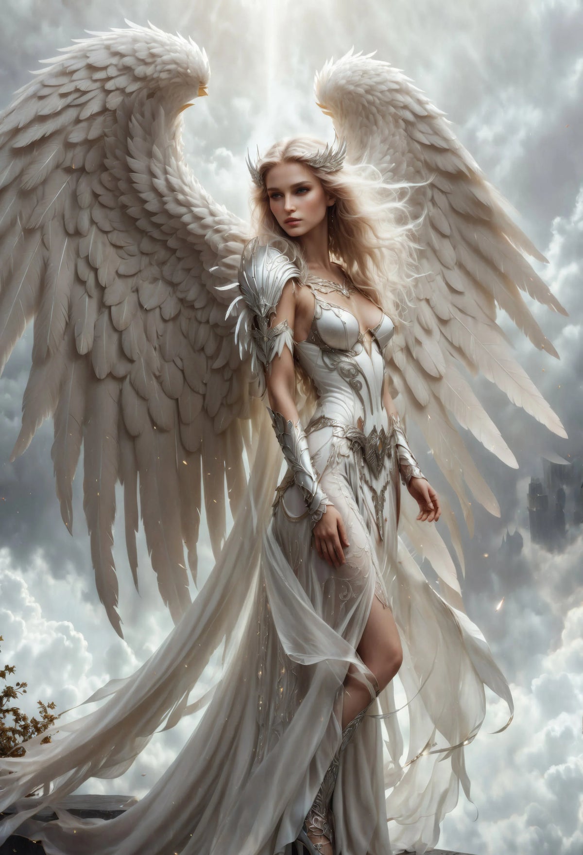Eine weibliche Figur mit großen weißen gefiederten Flügeln steht vor einem bewölkten Himmel.