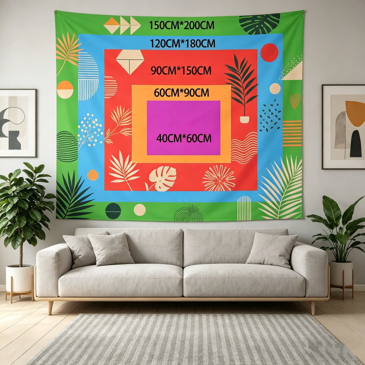 A vibrant tapestry featuring geometric patterns and tropical leaves in shades of green, red, blue, and yellow.