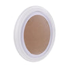 A white oval picture frame with a solid wood oval insert for wall display.