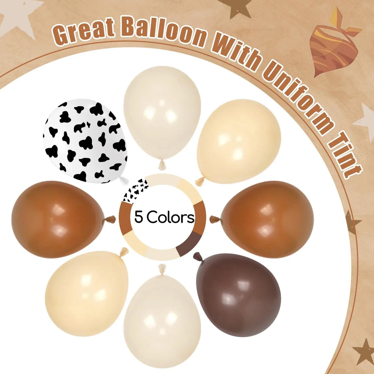 Un juego de cinco globos tintados uniformes en varios tonos tierra y un globo estampado para tema vaquero occidental.