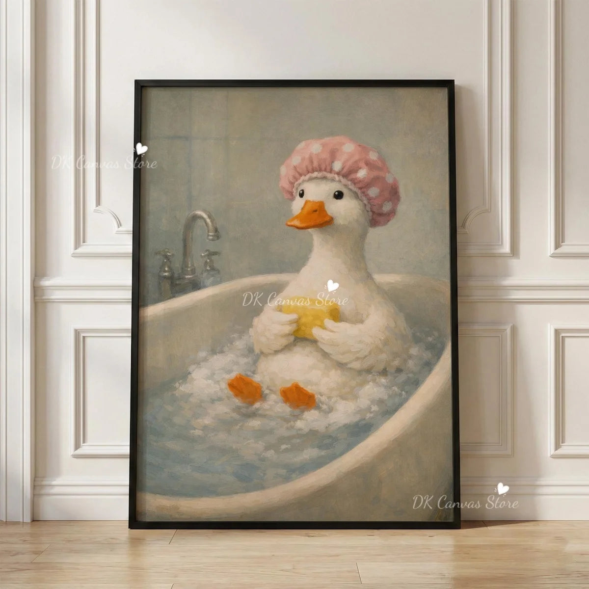 A painting of a white duck with a pink hat bathing in a bathtub, displayed in a black frame.