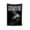 A black flag featuring the word DISCIPLINE in white text, displayed against a dark background.