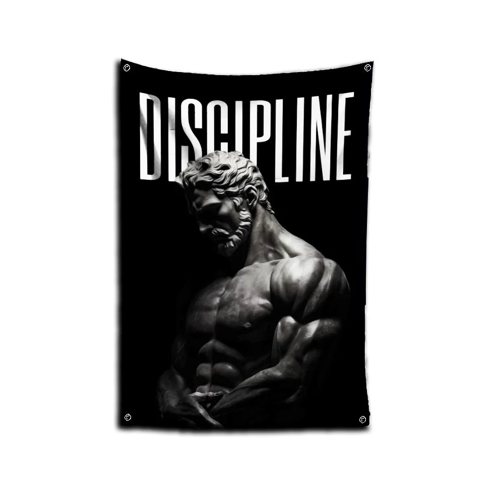 A black flag featuring the word DISCIPLINE in white text, displayed against a dark background.