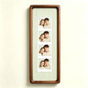 A vertical photo strip frame with a walnut wood border and a light green and white striped background, displaying six portrai