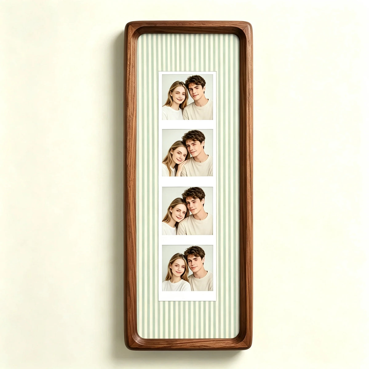 A vertical photo strip frame with a walnut wood border and a light green and white striped background, displaying six portrai