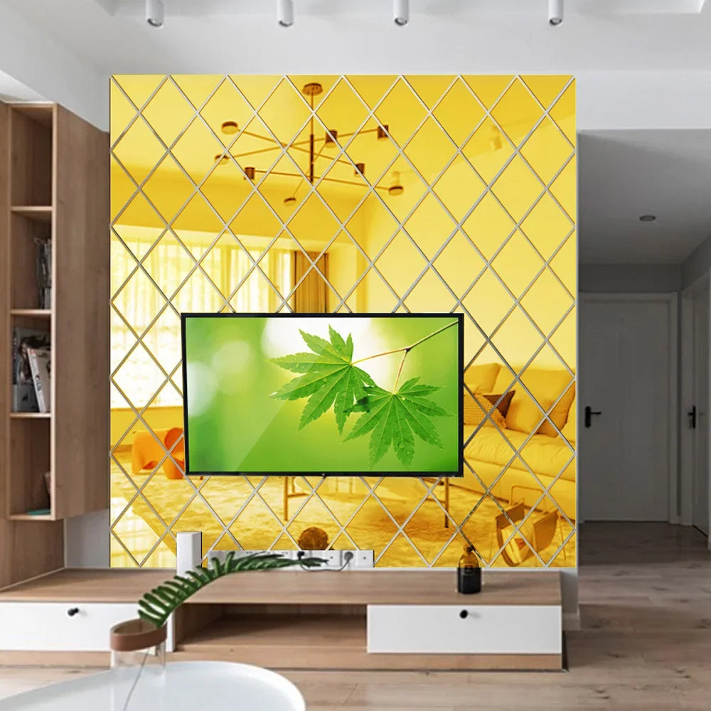 A modern living room featuring a bright yellow diamond-patterned wall with a large television mounted on it.