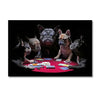 A group of three French Bulldogs playing poker on a red surface against a dark background.