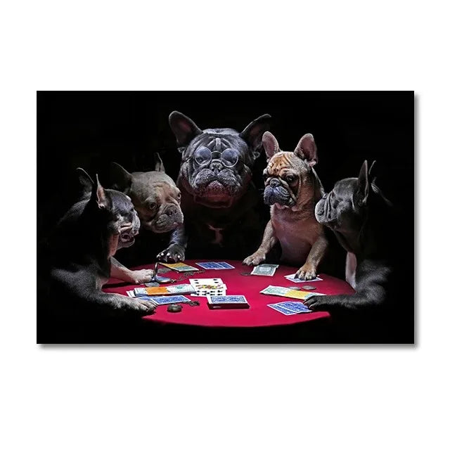 A group of three French Bulldogs playing poker on a red surface against a dark background.