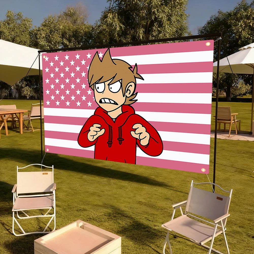 Rotes und weiß gestreiftes Banner mit Anime-Charakter-Design im Freien auf einem Ständer