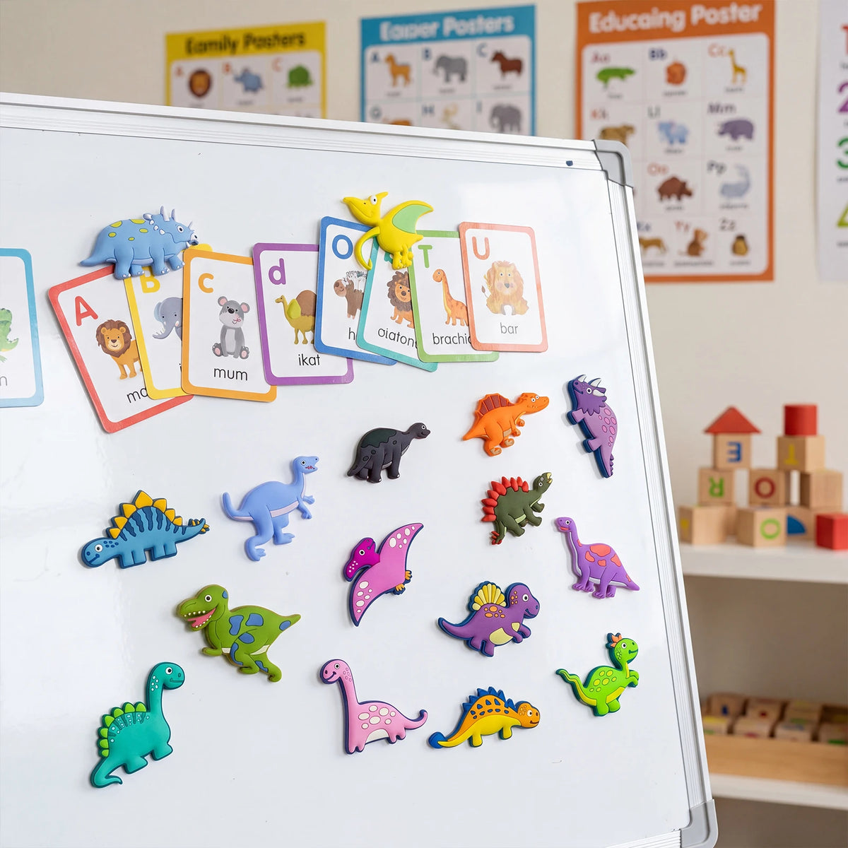 A collection of colorful dinosaur fridge magnets displayed on a white board.
