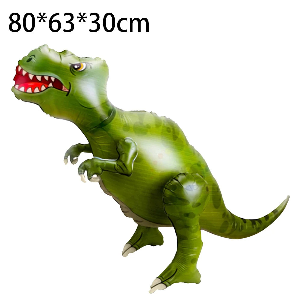 A green dinosaur figure is shown, likely a birthday party decoration.