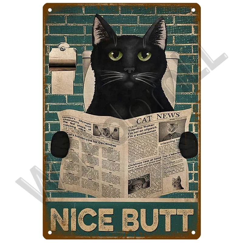 A vintage metal sign featuring a black cat portrait and the text NICE BUTT on a distressed teal background.