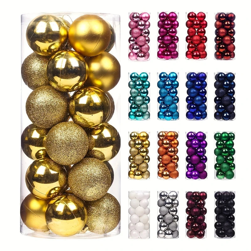 A collection of 24 festive Christmas baubles in various colors including gold, silver, red, purple, and green.