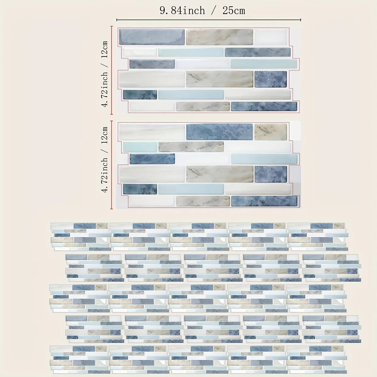 A collection of rectangular marble pattern tiles in various shades of blue and white stacked in a grid.