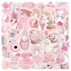 A collection of cute pink graffiti stickers and accessories including hearts, stars, shoes, and decorative items.