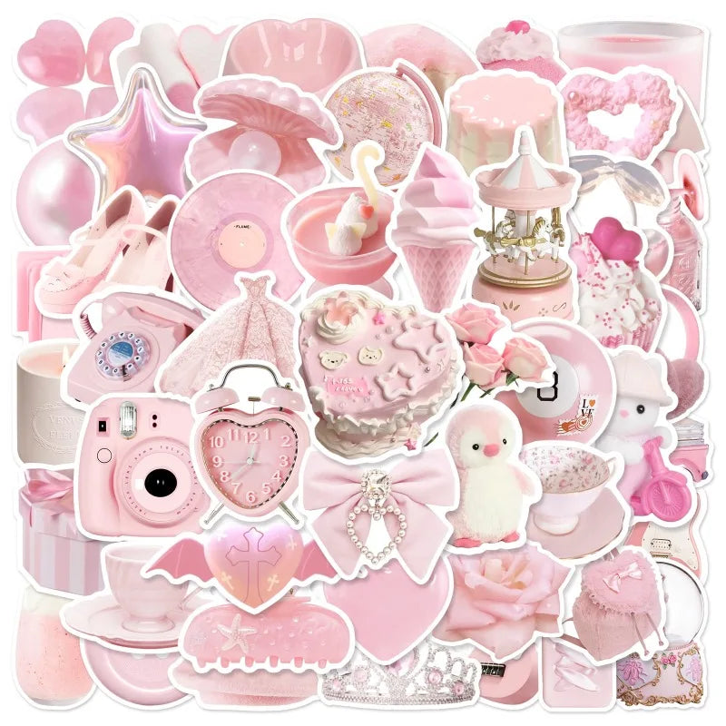 A collection of cute pink graffiti stickers and accessories including hearts, stars, shoes, and decorative items.