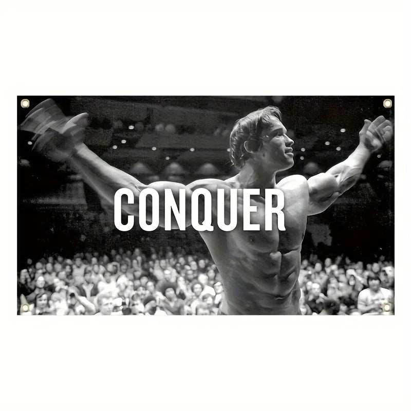 Black and white photo of Arnold Schwarzenegger flexing during a competition, with the word CONQUER overlaid.
