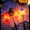 Collection de bâtons et lanternes d'Halloween lumineux avec une lune et des éléments effrayants en arrière-plan.