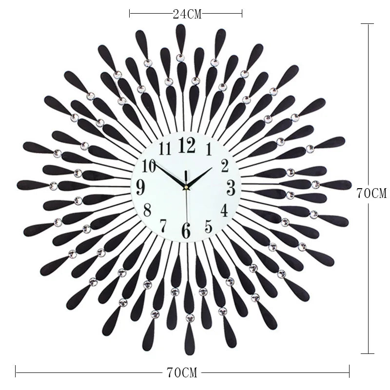 A modern minimalist metal wall clock with a black and silver sunburst design.