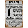 A distressed brown vintage tin sign with text about a son and father love