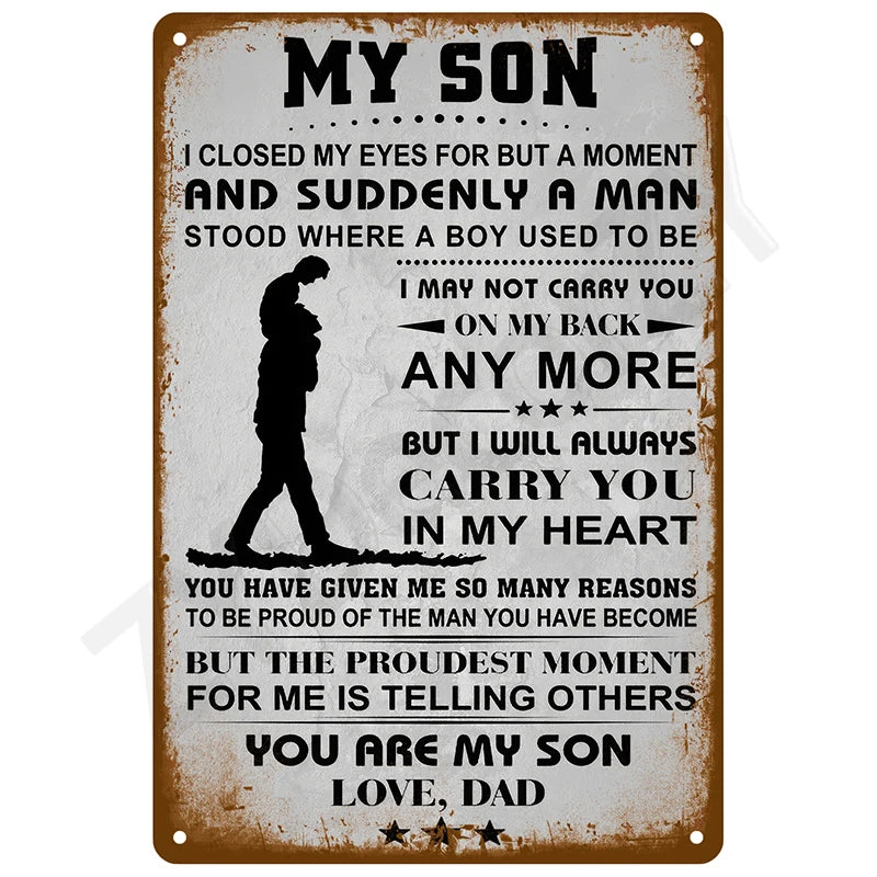 A distressed brown vintage tin sign with text about a son and father love